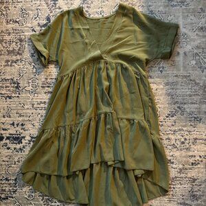 Olive Green Tiered Babydoll Dress | Short Sleeve V-Neck | Size S